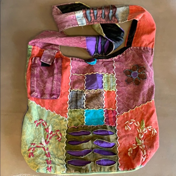 Nepal Hippie Satchel | Large Vibrant Stitched Patch Purse | Bucket Bag Colorful - Picture 1 of 8
